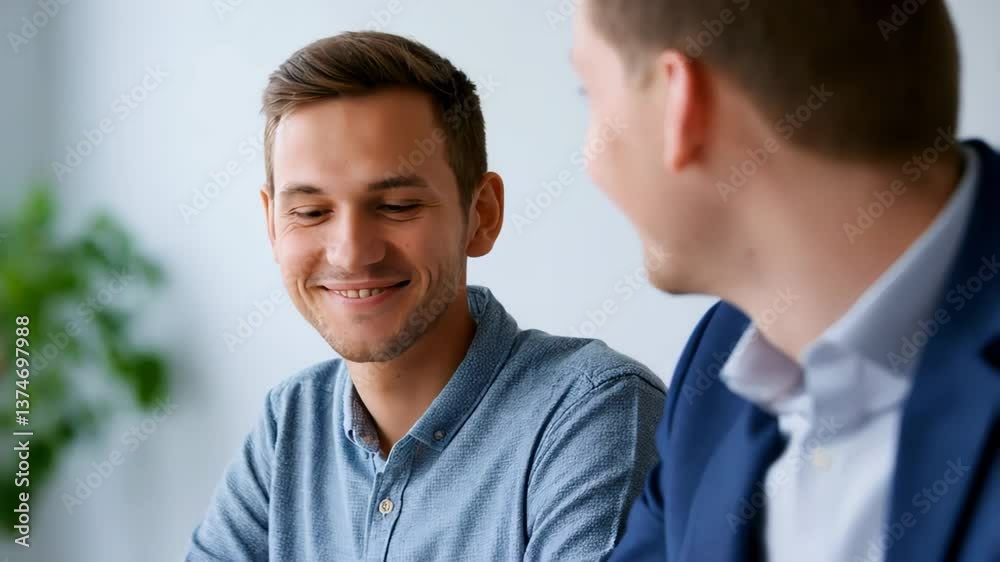 Two men smiling and talking in modern office with friendly and relaxed atmosphere
Two men smiling and talking in modern office with friendly and relaxed atmosphere