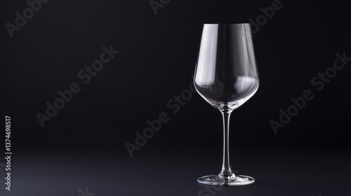 Photograph of a wine glass on a black background. the glass is empty and is standing upright on a flat surface. it appears to be made of clear glass and has a long stem with a round base.
