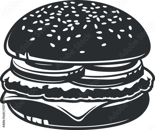 Black and white illustration of a classic hamburger with sesame seed bun and toppings.
