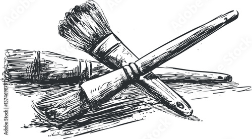 Black and white sketch of crossed paintbrushes with detailed bristles and handles.