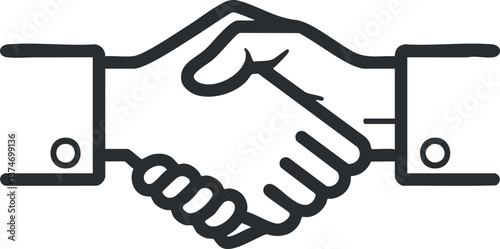 Black and white illustration of a handshake symbolizing agreement and partnership in business.