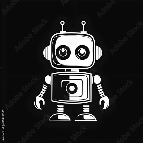 Vintage Cartoon Robot Illustration - Cute Black and White Humanoid Character for Creative Geek Design