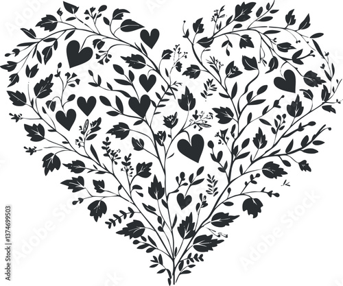 Black and white heart silhouette composed of intricate floral and leaf patterns.