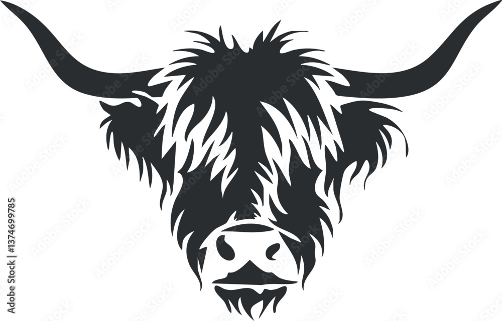 Obraz premium Monochrome silhouette of a highland cow with prominent horns, ideal for logos or design use.
