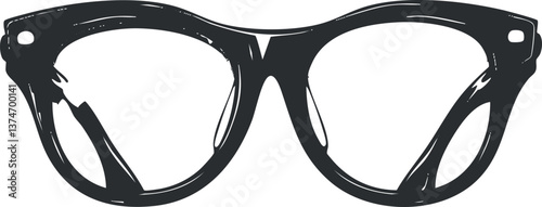 Illustration of black retro-style eyeglasses with bold frames, emphasizing fashion and design.