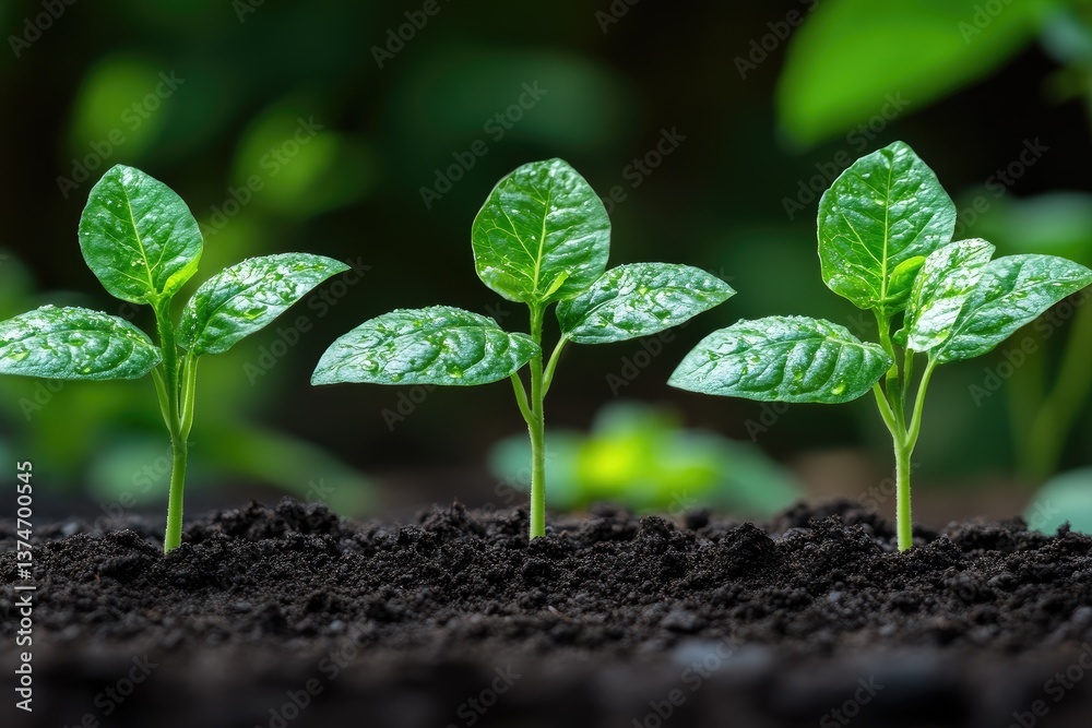 Seedlings emerge from fertile ground, lush and promising. Tiny leaves glow Seedlings emerge from fertile ground, lush and promising. Tiny leaves glow