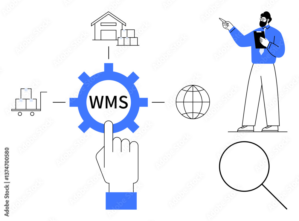 Hand selecting WMS in gear surrounded by warehouse icons, globe, and worker. Ideal for logistics, supply chain, shipping, inventory management, technology tools, workflow efficiency flat simple Hand selecting WMS in gear surrounded by warehouse icons, globe, and worker. Ideal for logistics, supply chain, shipping, inventory management, technology tools, workflow efficiency flat simple