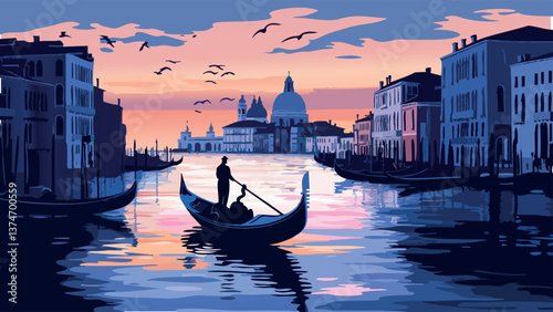 Venice Canal at Dusk with Gondolas.eps