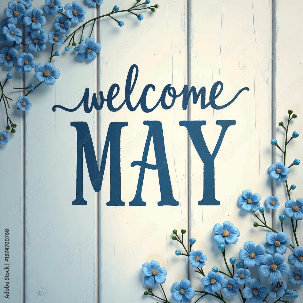 welcome may blue flowers on white wooden background