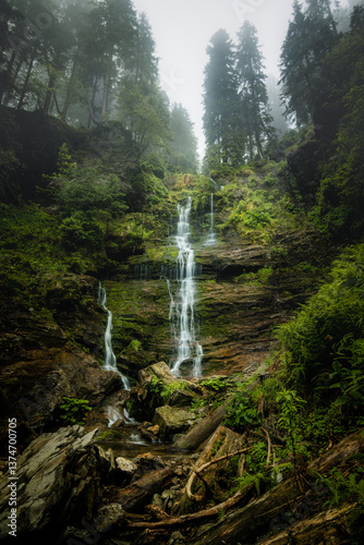 Vysoký vodopád. Beautiful misty waterfall after rain in Jeseníky mountains. Epic river, green forest, stones, rocks, flowers, leaves. Premium landscape from pure nature, Czech Republic