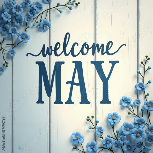 Obraz na płótnie welcome may blue flowers on white wooden background w salonie