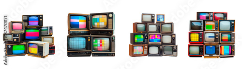 Set of vintage televisions stacked showcasing different screen patterns isolated on transparent background