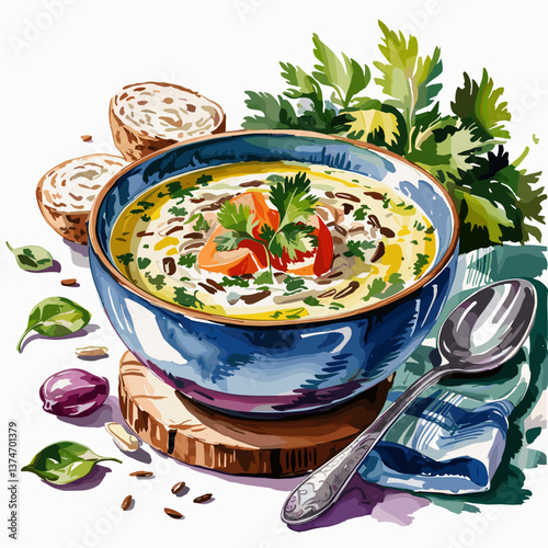 Watercolor Creamy Wild Rice Soup with Vegetables