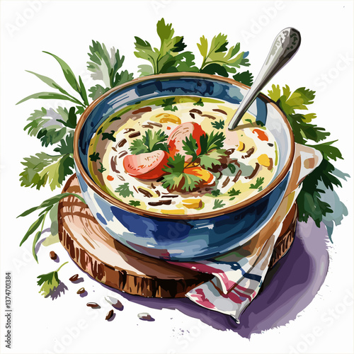 Watercolor Creamy Wild Rice Soup with Vegetables