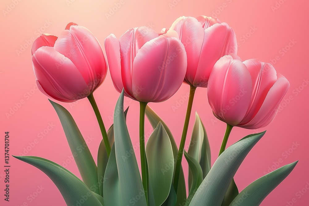 Fototapeta premium pink tulips with green leaves on a pastel background