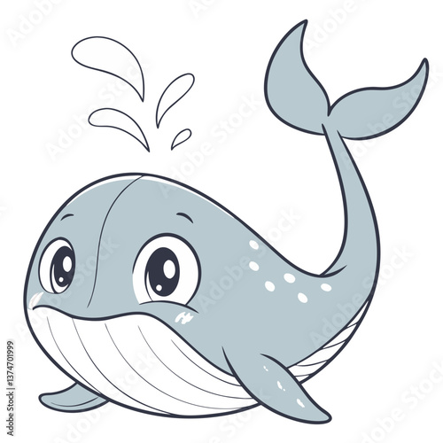 The cute blue whale character swims happily in an ocean scene, surrounded by playful bubbles and a cheerful expression. This whimsical design captures the charm of sea life in a friendly style