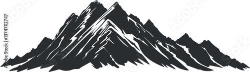 Black and white silhouette illustration of a rugged mountain range with sharp peaks.