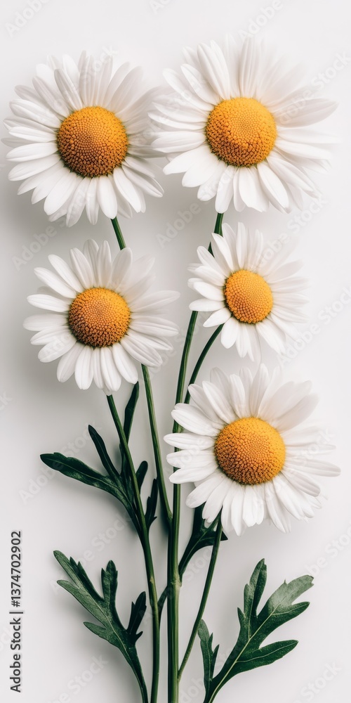 Obraz premium Five Freshly Bloomed Daisies Isolated On White, Perfect For Spring Or Summer Greetings