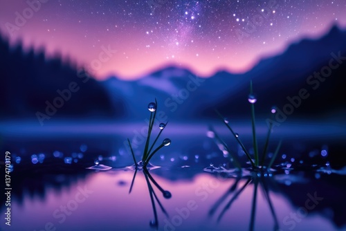 Dewdrops on grass blades reflect the starry night sky and purple mountain range.