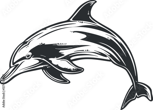 Black and white illustration of a dolphin jumping out of the water, showcasing marine wildlife.