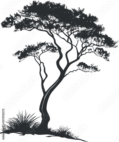 Silhouette of a stylized tree with twisting branches and sparse foliage in black and white.