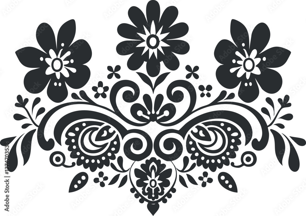 Intricate black floral ornament with symmetrical design, featuring vintage and elegant motifs. Intricate black floral ornament with symmetrical design, featuring vintage and elegant motifs.
