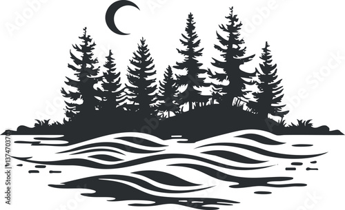 Silhouette of a forest and moon reflecting on a lake, creating a serene night scene.