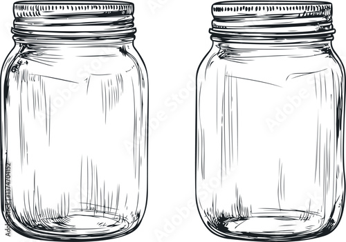 Illustration of two mason jars with detailed sketch line art in black and white. Vector illustration