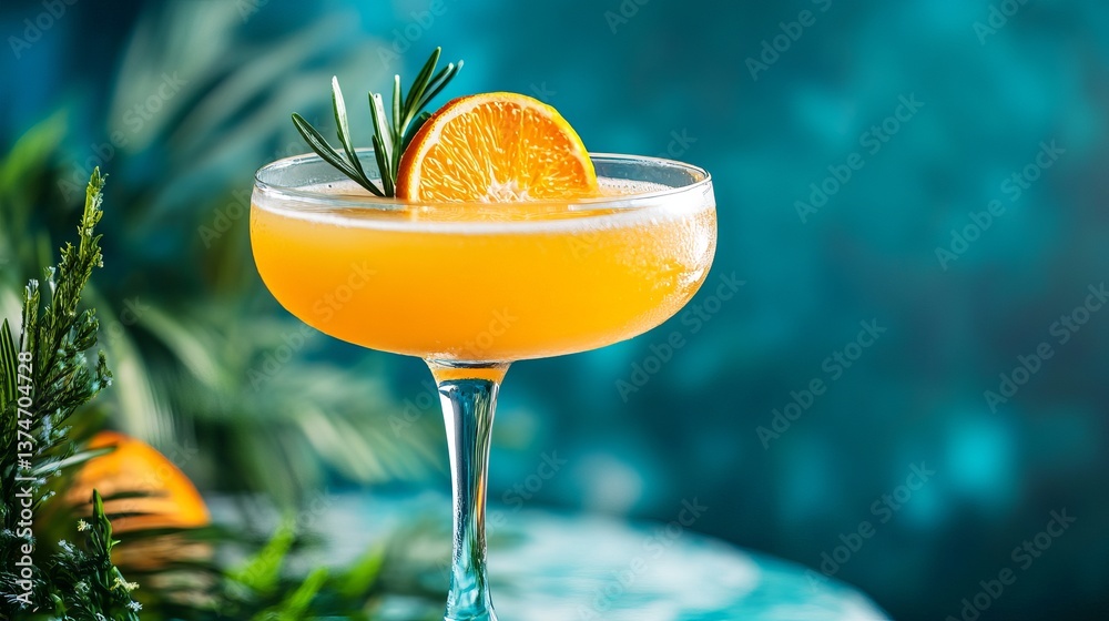 Fototapeta premium Orange cocktail drink recipe idea with rosemary garnish and citrus slice for summer party drink ideas