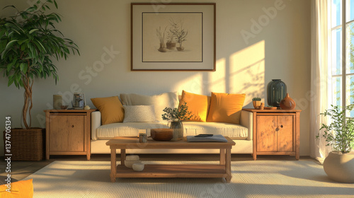Creative composition of cozy living room interior with mock up poster frame, modular sofa, wooden coffee table, vase with branch, beige carpet, wooden sideboard, stand, pillow and persona accessories.