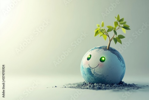 A happy Earth with a sprout growing on top, symbolizing environmental growth and hope for a better future.