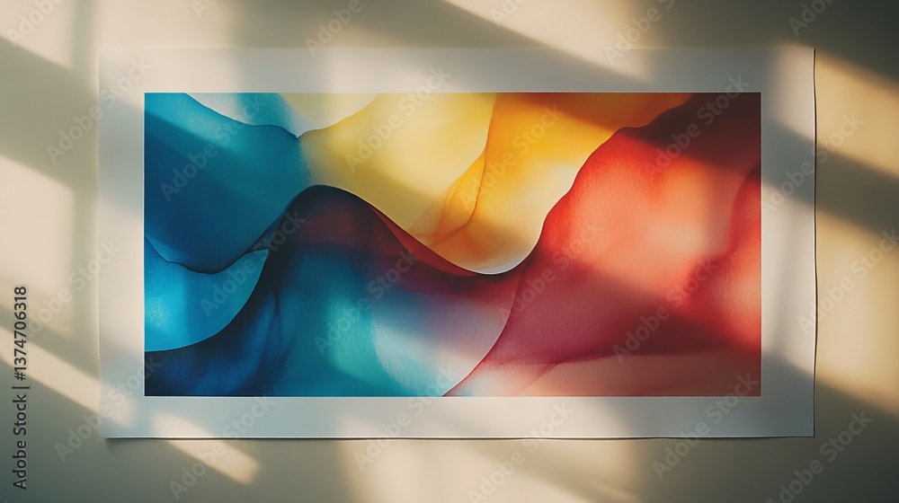 Abstract painting with blue yellow and red hues hanging on a light gray wall with shadow Abstract painting with blue yellow and red hues hanging on a light gray wall with shadow