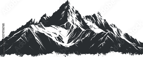 Black and white silhouette of a mountain peak with rugged, snowy details.