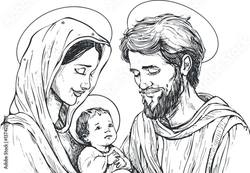 Black and white sketch illustration of a holy family with halos, symbolizing spiritual devotion.