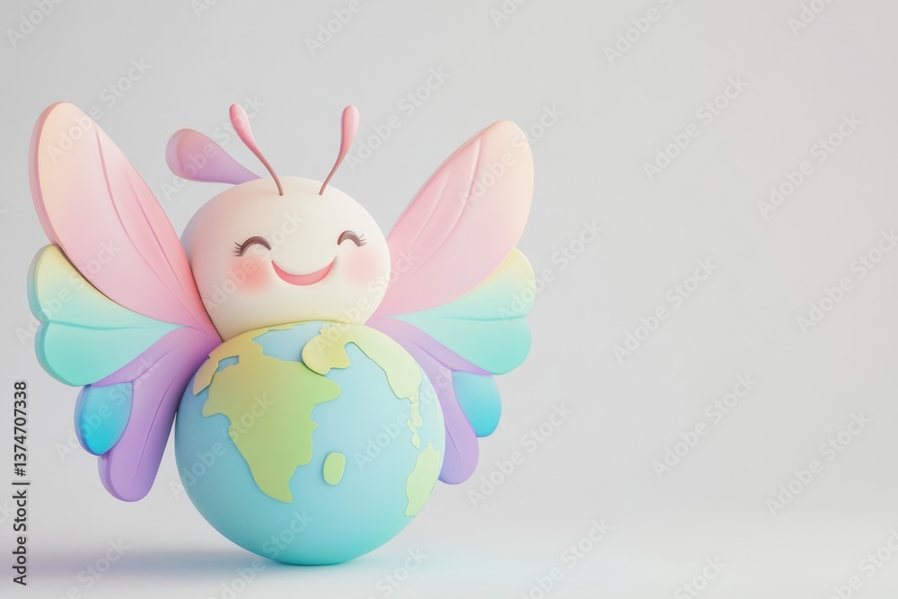 Fototapeta premium A cheerful cartoon butterfly embraces the Earth, symbolizing environmental care and joy.