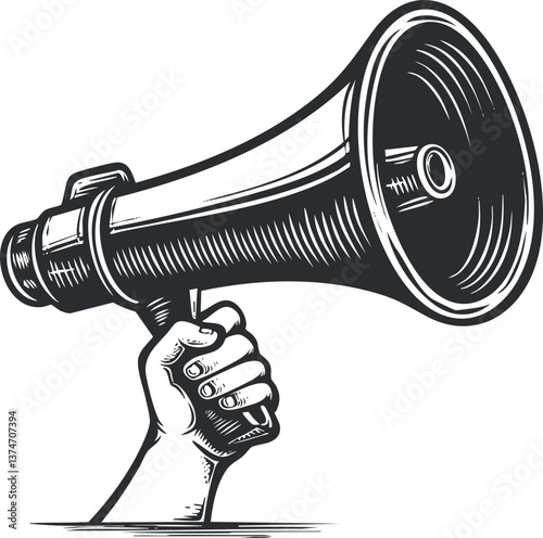 Vintage illustration of a hand holding a megaphone, symbolizing communication and announcement.