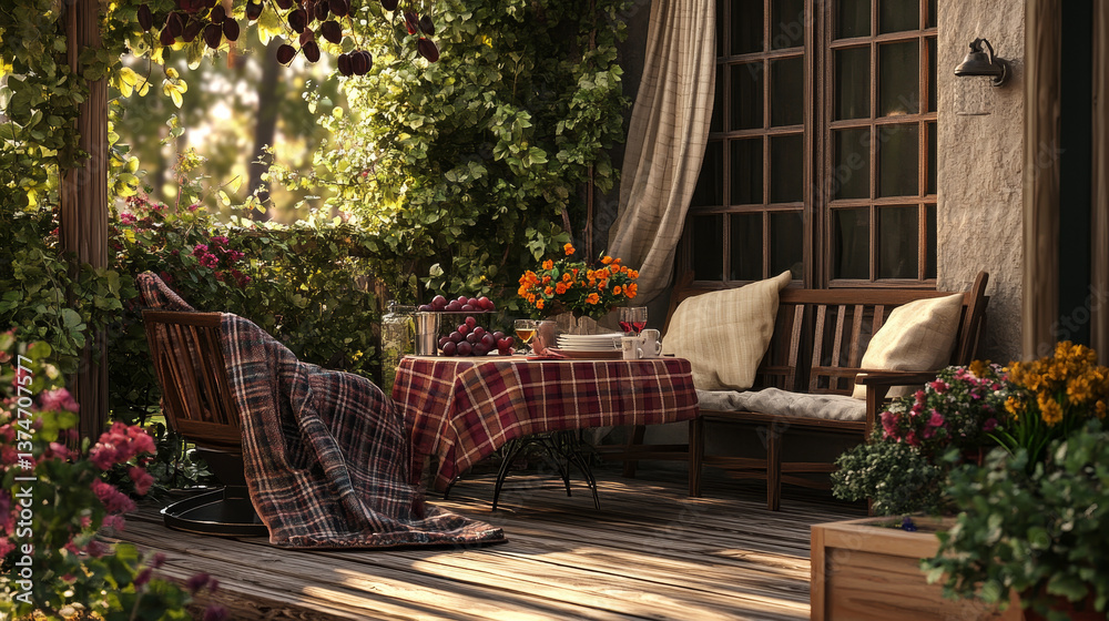 Obraz premium Creative composition of warm and cozy terrace with table, garden furnitures, vase with flowers, wooden floor, plaid, curtain, grape, big garden and personal accessories. Home decor. Template.
