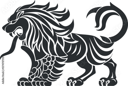 Stylized black and white illustration of a mythical lion with ornate tribal design.