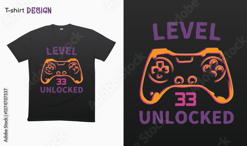 "Level 33 Unlocked" Retro vintage controller design. Funny birthday gaming style T-shirt template design. Eps 10 vector	
