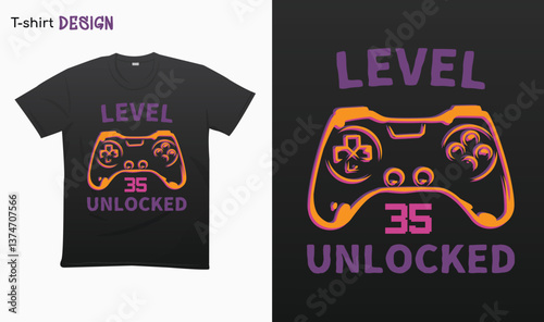 "Level 35 Unlocked" Retro vintage controller design. Funny birthday gaming style T-shirt template design. Eps 10 vector	