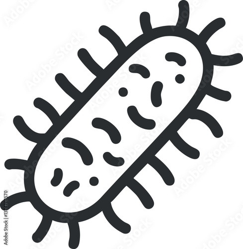 Simple black and white illustration of a cartoon bacterium with smiling face and flagella.