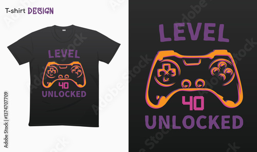 "Level 40 Unlocked" Retro vintage controller design. Funny birthday gaming style T-shirt template design. Eps 10 vector	