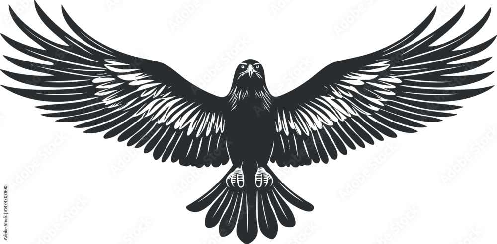 Fototapeta premium Black and white vector illustration of an eagle with wings spread, symbolizing freedom and power.