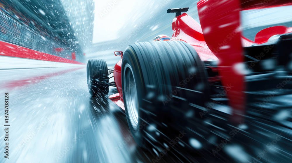 Obraz premium Red formula one car driving on wet track in the rain