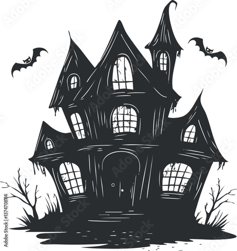 Illustration of a spooky haunted house with bats and trees, perfect for Halloween themes.