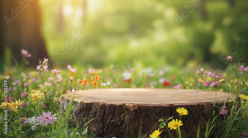 wildflowers spring to summer in the grass arround tree stump
