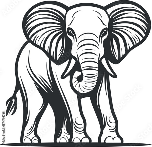 Black and white illustration of an elephant with large ears and a detailed trunk.