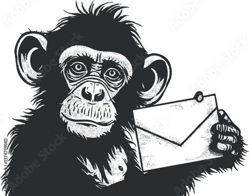 Black and white illustration of a chimpanzee holding an envelope, conveying a message concept.