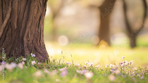 wildflowers spring to summer in the grass between trees