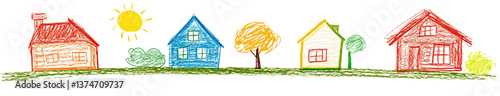 Set of four colorful childlike house icons with simple crayon-style drawings, isolated on transparent background

